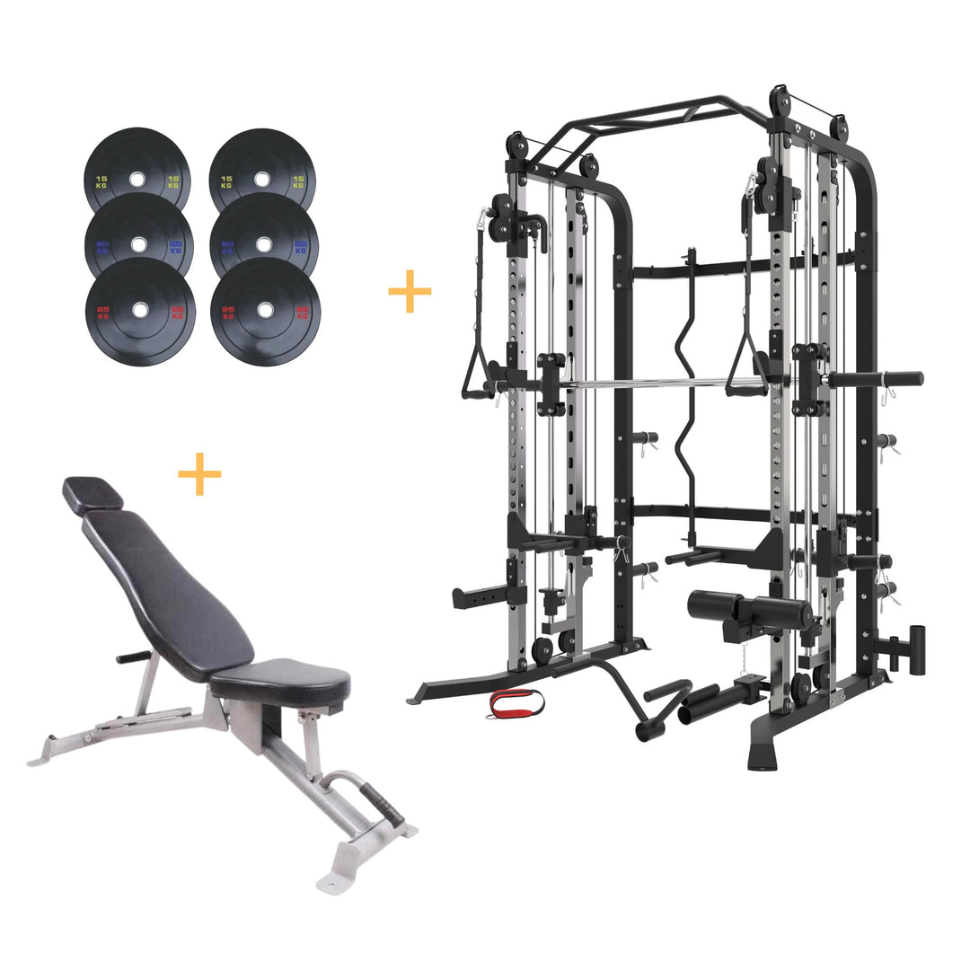 Plate Loaded Functional Trainer G3S bundle front view with 120 kg Olympic plates and FID bench