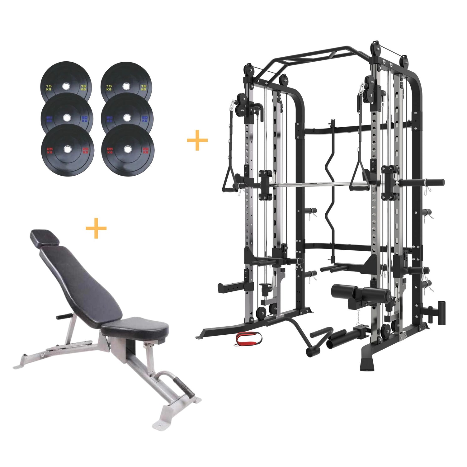 Plate Loaded Functional Trainer G3S bundle front view with 120 kg Olympic plates and FID bench